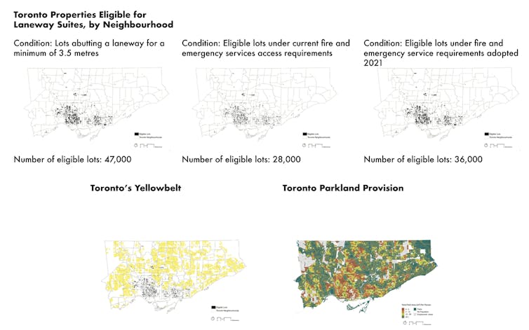 Maps of Toronto showing eligible lots under different scenarios