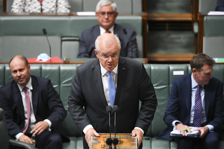 Scott Morrison, Christian Porter, and Josh Frydenberg, during question time