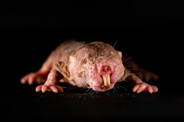 A front-on view of a naked mole-rat with a black background.