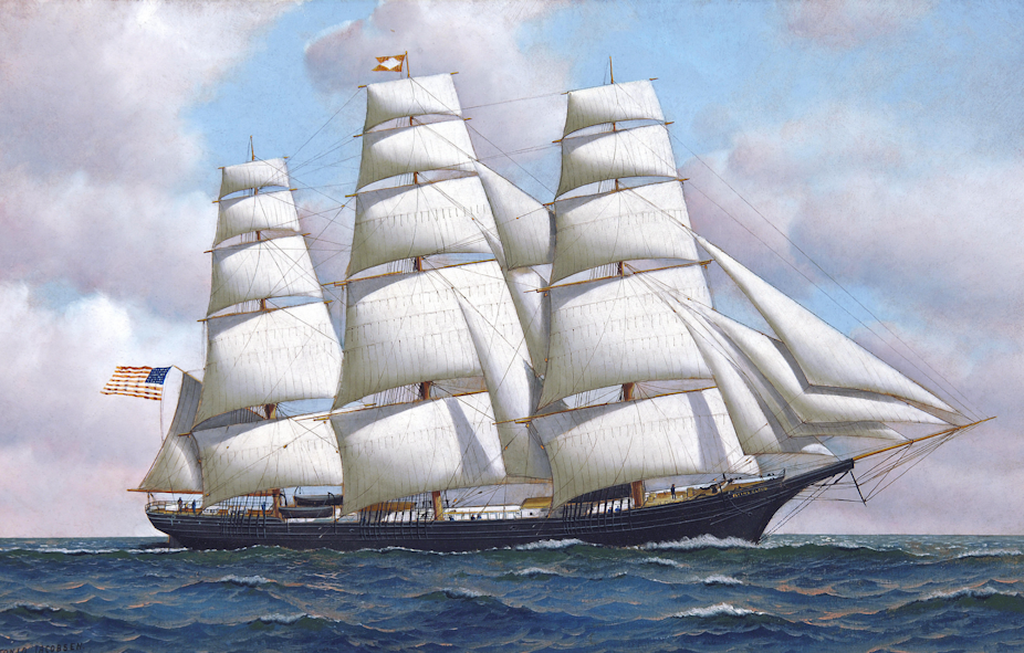 Painting of Antonio Jacobsen's The American clipper Flying Cloud at sea under full sail.