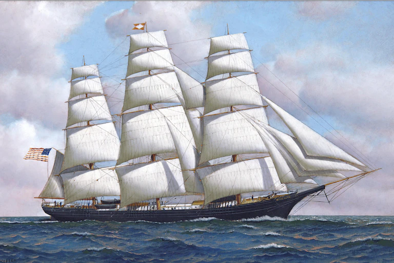 Painting of Antonio Jacobsen's The American clipper Flying Cloud at sea under full sail.