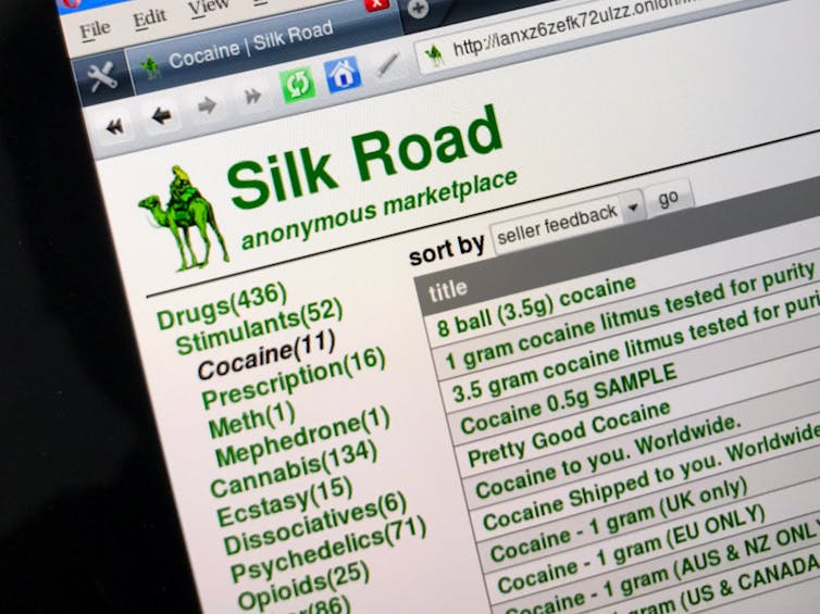 A web browser showing Silk Road website and a list of drugs for sale on it.