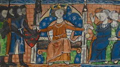 A painting of a jury trial in medieval England.