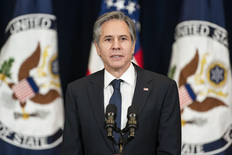 US secretary of state Antony Blinken gives a speech.