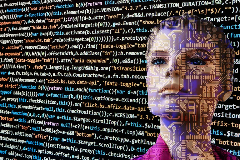 A woman's face is seen through a screen of code.