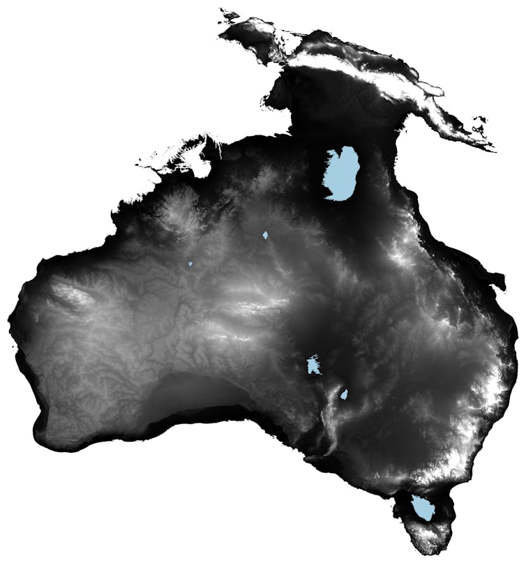 A map showing a much larger landmass as Australia is joined to both Tasmania and New Guinea due to lower sea levels