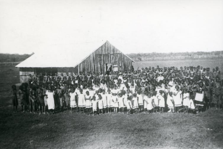 Outside the Church at Oenpelli, c.1930, Northern Territory Archives Service.