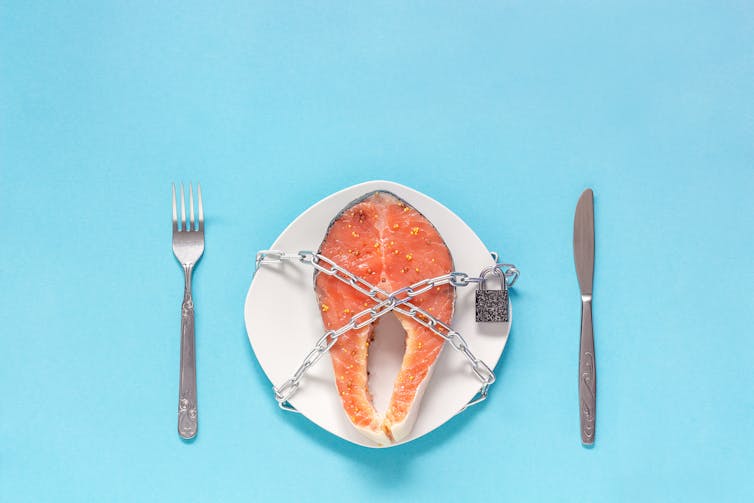 Salmon chained to a plate