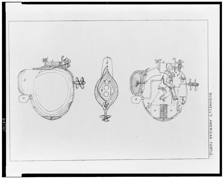 The submarine drawn from the front, top, and cross-section, with a man inside.