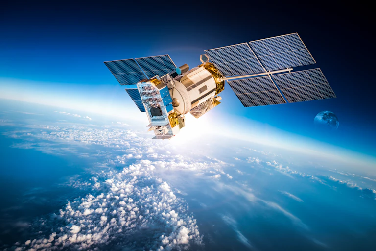 A satellites above Earth, with clouds below.