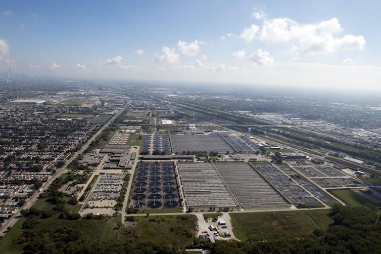 A wastewater treatment plant viewed from above.