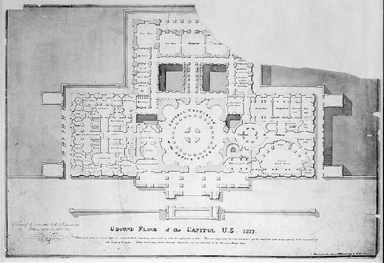 Black-and-white floor plan of the Capitol, a T-shaped building