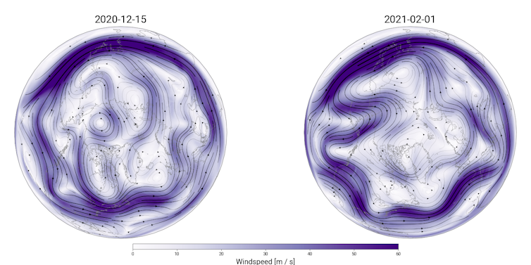 Side by side images showing a relatively circular jet stream and a very wavy jet stream.