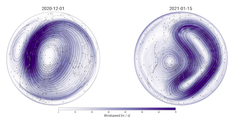 Two side by side images showing the polar vortex as a nice circle over the north pole and another one showing it offset and deformed into an L-shape.