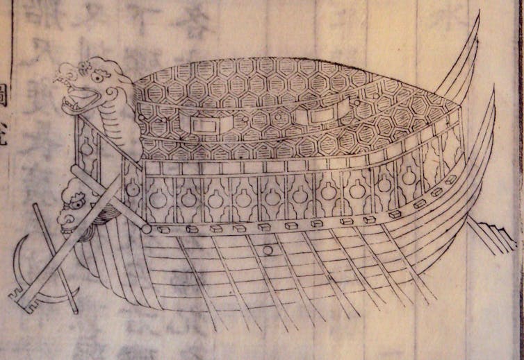 Wood block print of a half boat half turtle contraption.