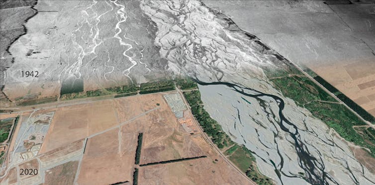 Changing flows of the braided Waimakariri river between 1942 and 2020.