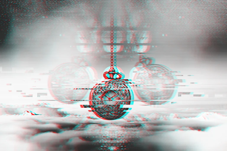 Illustration of a pocket watch against clouds.