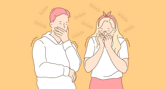 illustration of a boy and girl giggling.