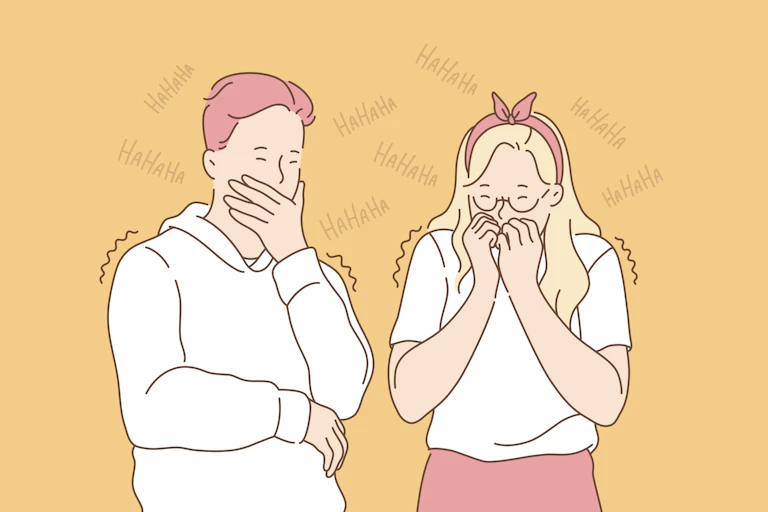 illustration of a boy and girl giggling.
