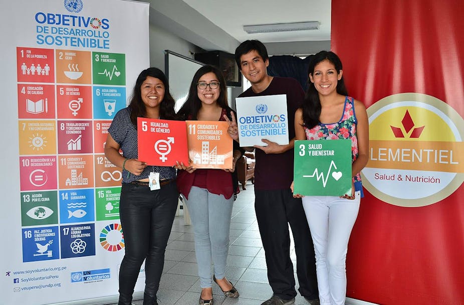 Activists highlight some of the United Nations' 17 sustainable development goals in Lima, Peru.