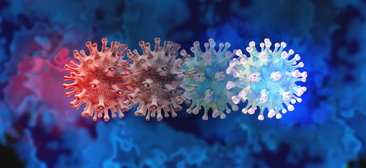 Illustration of a virus particle changing over time.