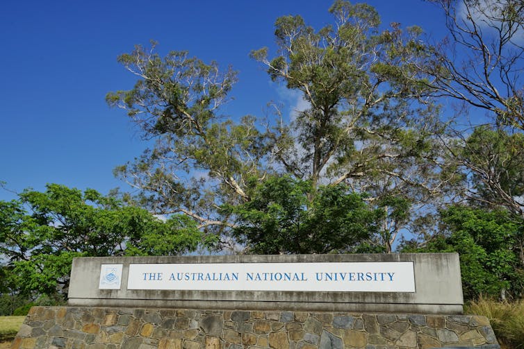 Australian National University sign on Canberra campus