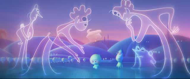 Animation of two blue souls surrounded  by line figure people in Pixar's Soul.