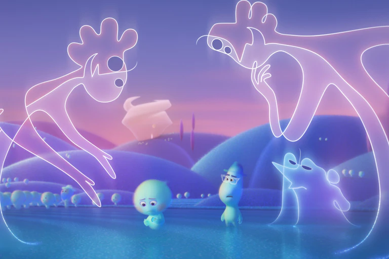 Animation of two blue souls surrounded by line figure people in Pixar's Soul.