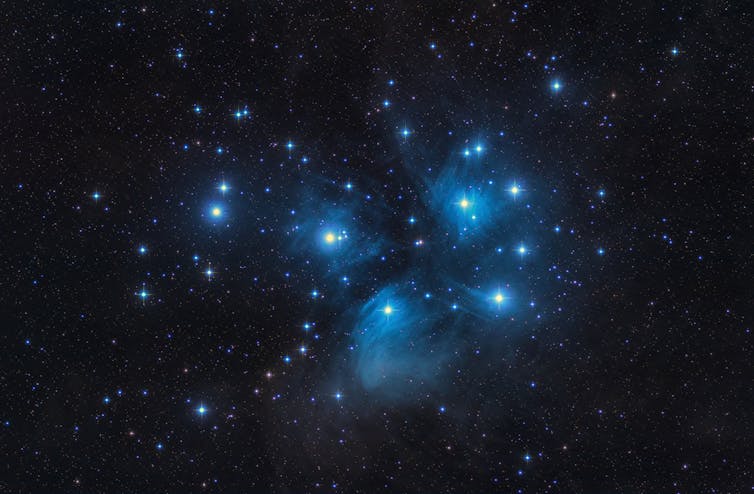 The bright stars in the Pleiades, surrounded by fainter stars.