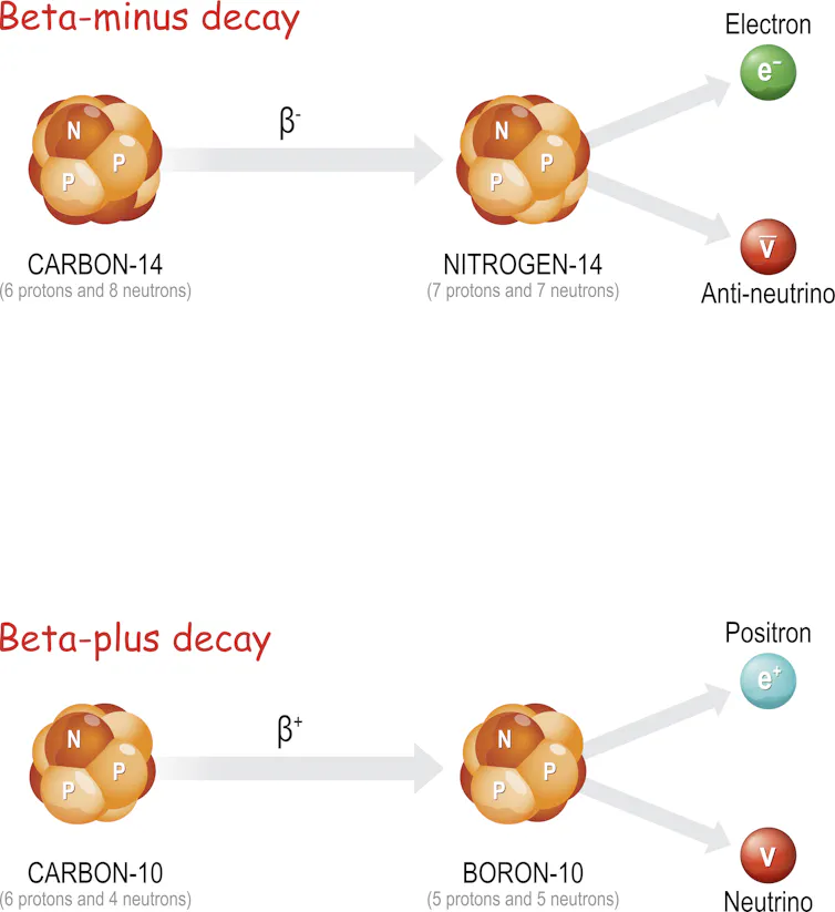 Beta particles leave one atom and transform it into another