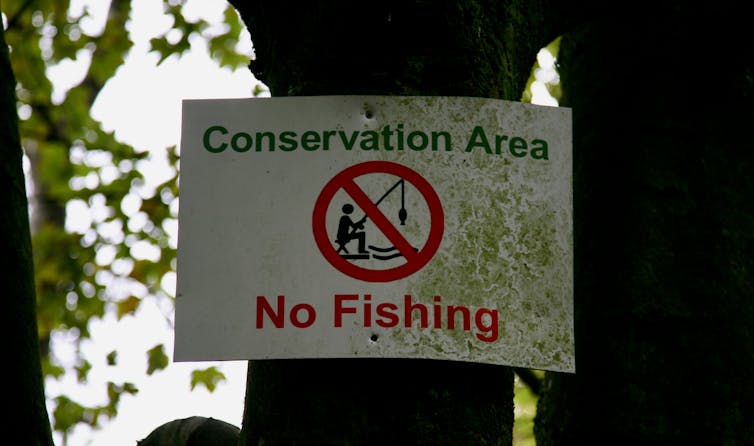 A no-fishing sign in a conservation area.