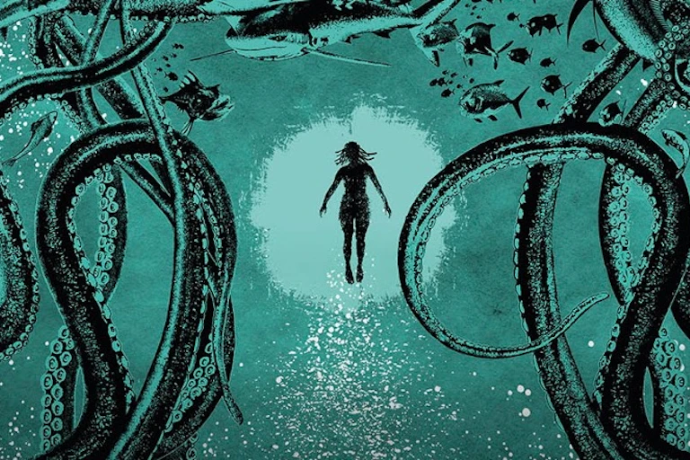A comic-style illustration in blue and black: a human form with dreadlocks floats upward toward a circle of light, around them tentacles and sea creatures.