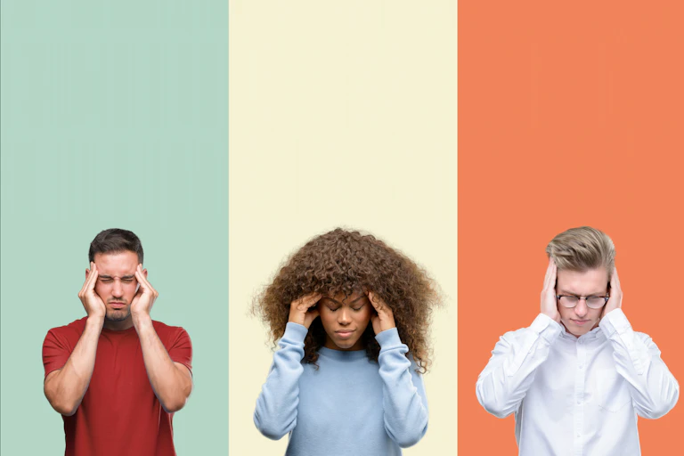 Young people hold their hands to their heads in pain against colourful backgrounds.