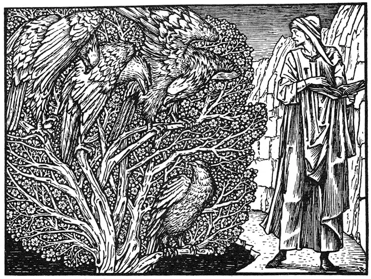Ukiran empat elang di pohon seperti yang digambarkan dalam '_Parliament of Fowls_' karya Geoffrey Chaucer