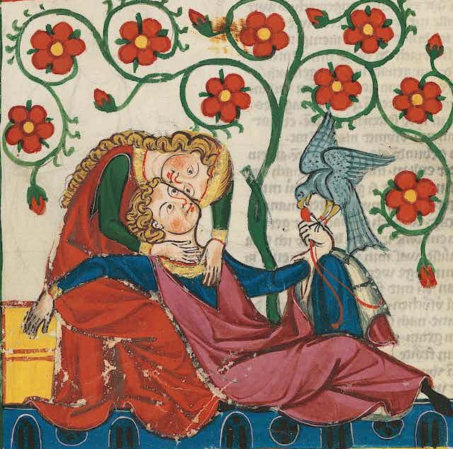 Two lovers depicted on a medieval tapestry.