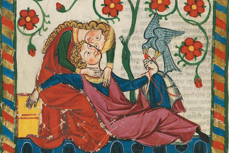 Two lovers depicted on a medieval tapestry.