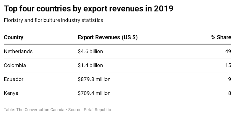Table showing rank of various flower exporting countries