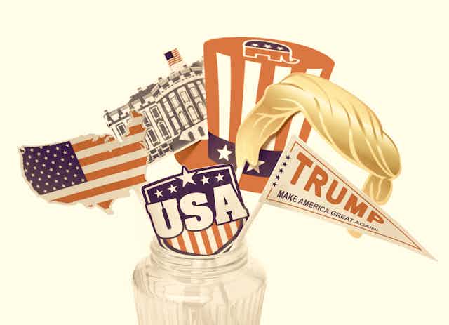 Drawing of a glass jar with Trump props sticking out, like his hair, a Trump flag, and a hat