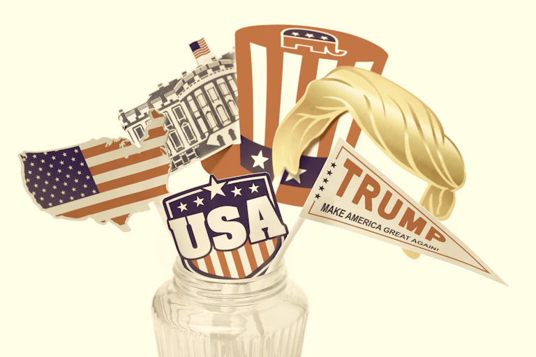 Drawing of a glass jar with Trump props sticking out, like his hair, a Trump flag, and a hat