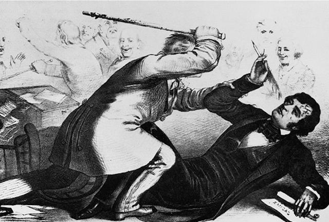 A cartoon of Senator Charles Sumner's beating by South Carolina Representative Preston Brooks.