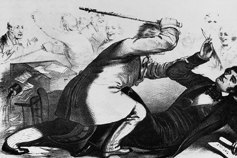 A cartoon of Senator Charles Sumner's beating by South Carolina Representative Preston Brooks.