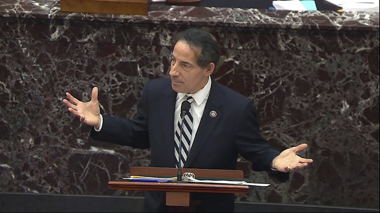 Rep. Jamie Raskin gestures during the Trump impeachment trial