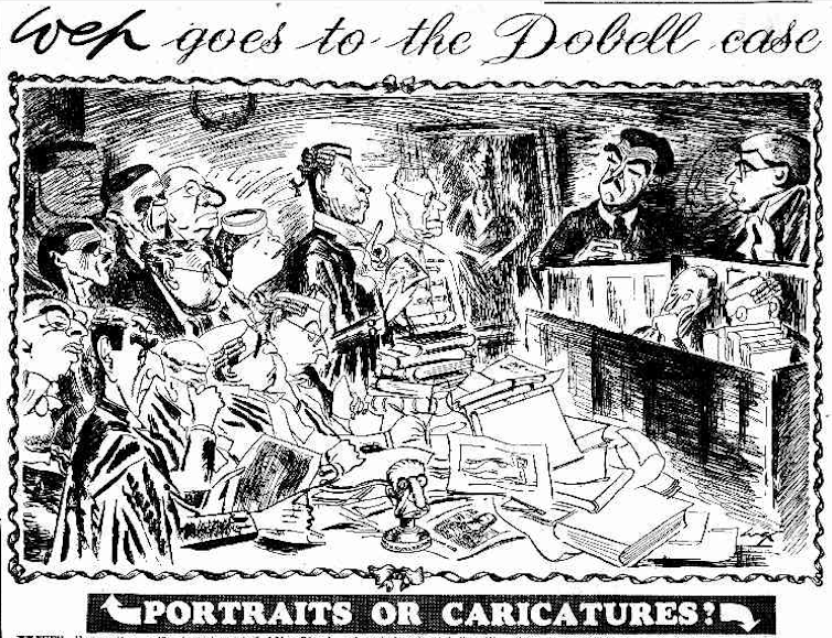 Cartoon of a court room. Top line reads 'Wep goes to the Dobell case', bottom reads 'Portraits or caricatures?'