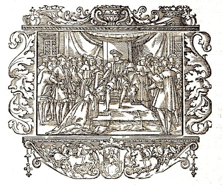 line drawing of royal court scene