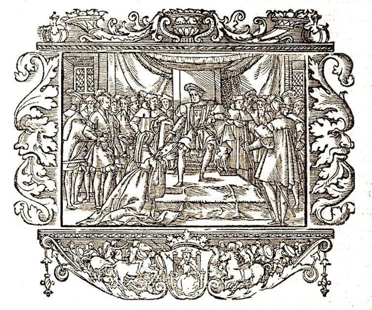 line drawing of royal court scene