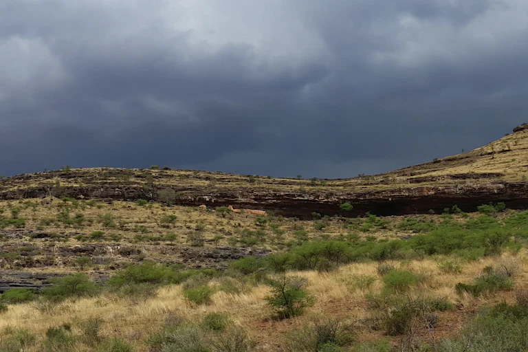 A landscape image shows dark clouds above a green and brown, undulating hill surrounded by trees and dry grass.