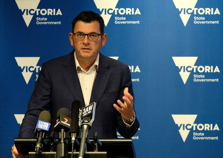 Victorian Premier Daniel Andrews speaking on February 12.