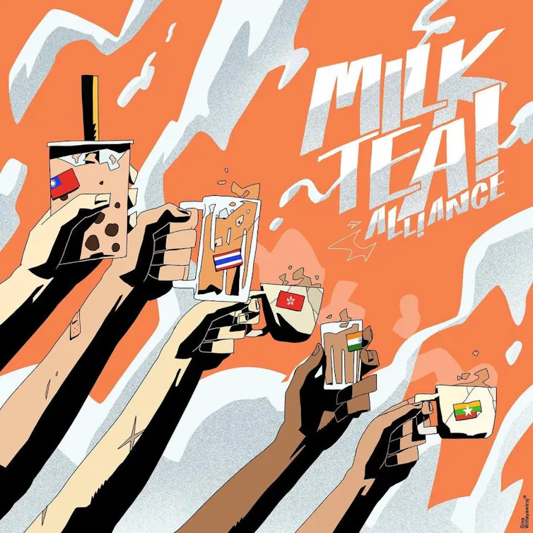 Graphic posters depicting arms aloft with cups of milky tea, symbolising dissent across south-east Asia.