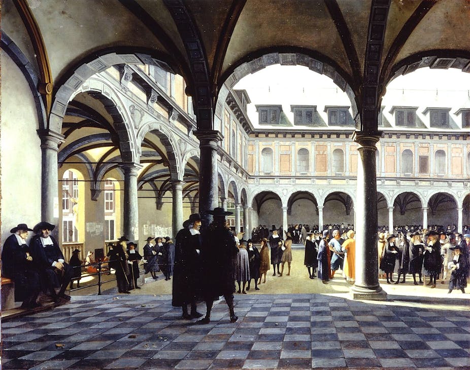 Courtyard of the Amsterdam Stock Exchange, circa 1670,  (Job Adriaenszoon Berckheyde)