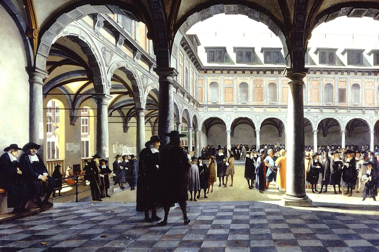 Courtyard of the Amsterdam Stock Exchange, circa 1670, (Job Adriaenszoon Berckheyde)